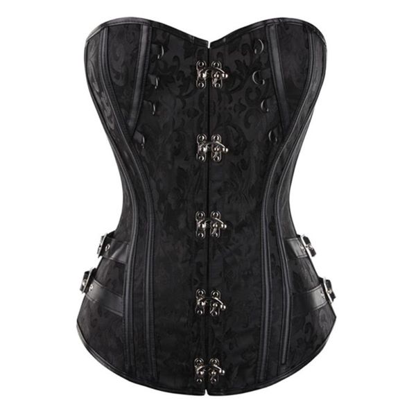 

bustiers & corsets jacquard steampunk corset women faux leather buckle closure rivet overbust corselet bustier plus size, Black;white