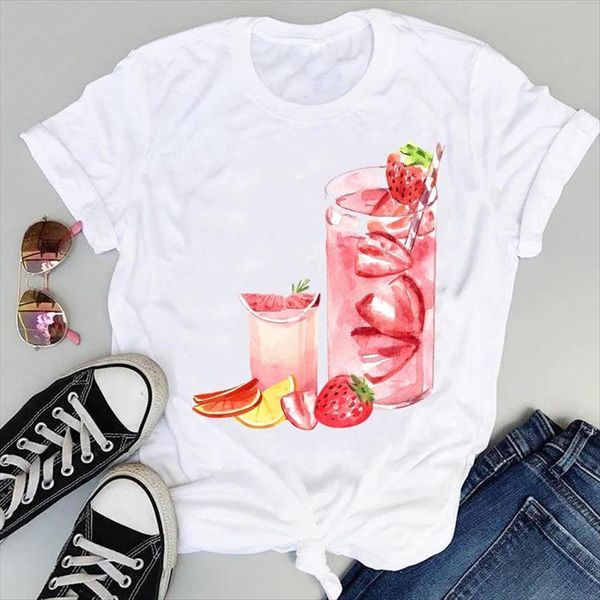 

strawberry cute drink fruit 90s women t shirt cartoon short sleeve graphic summer print female clothes tees, White