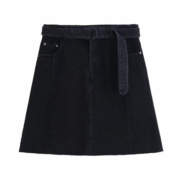 

women summer fashion black denim short skirts with belt chic lady high waist a-line zipper skirt femme