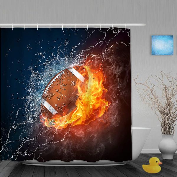 

polyester fabric shower curtain set with 12 plastic hooks decorative bath curtains,american football ball in fire and