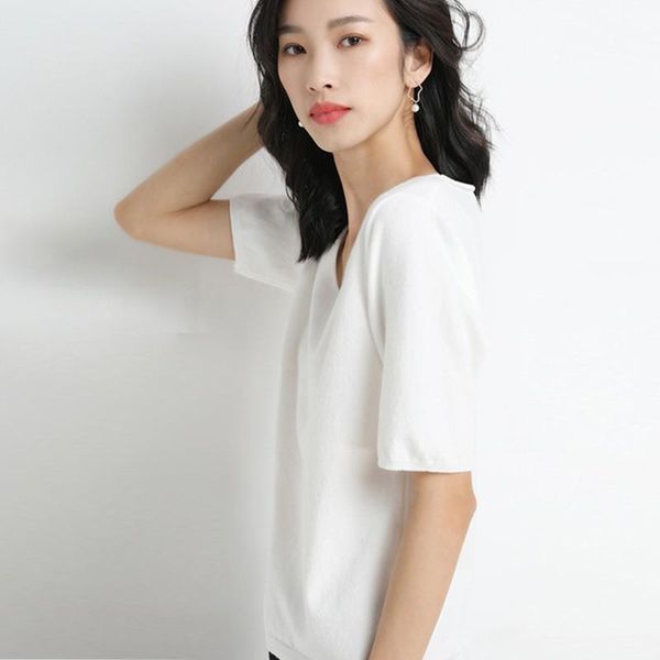 

women's t-shirt women summer t shirt knitted casual short sleeves v-neck loose kintwear basic female, White
