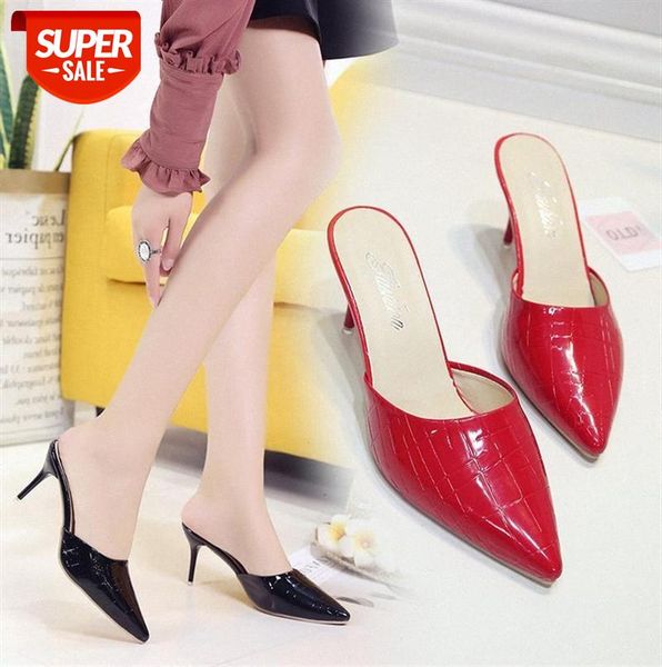 

high-heeled muller shoes baotou half slippers women embossed work pointed toe ladies #jc38, Black