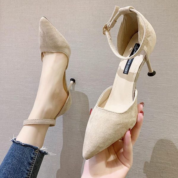 

summer shallow mouth buckle strap velvet shoes all-match high heel sandal for women suit female beige med suede high-heeled sandals, Black