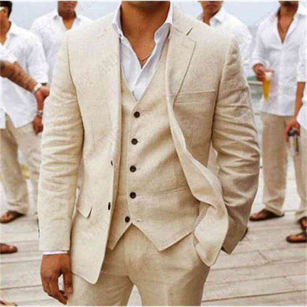 

men's suits & blazers classic beige linen beach men wedding 3 piece custom groom man prom party tuxedo set slim fit jacket vest pa, White;black