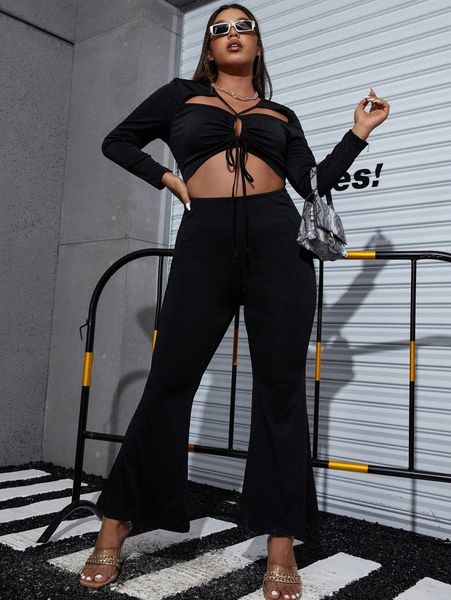 

plus drawstring cut out flare leg jumpsuit s6h3#, Black