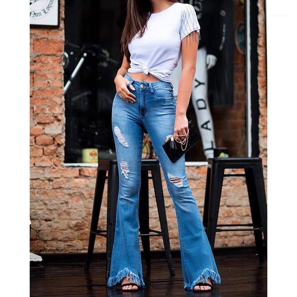 

women's jeans fashion women denim flare pants retro ripped wide leg trousers lady casual bell-bottoms pant female, Blue