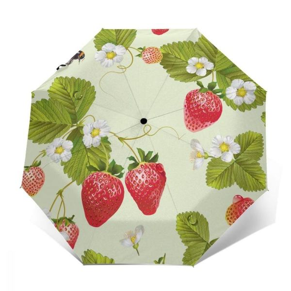

umbrellas wind resistant fully-automatic umbrella strawberry tea with flowers and leaves rain 3 folding parasol travel car