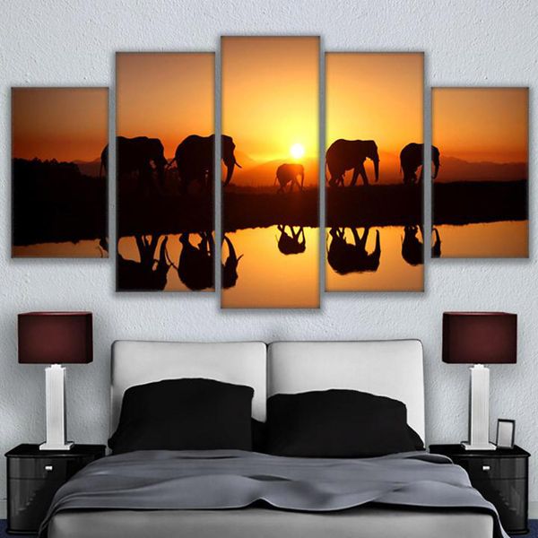 

5 panels sunset animal elephants wall art pictures painting modern home decor posters hd canvas for living room(no frame)