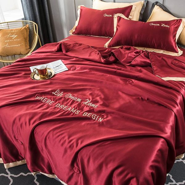 

comforters & sets summer quilts solid color embroidery washing soft silk blanket adults kids student queen air conditioning cool thin quilt
