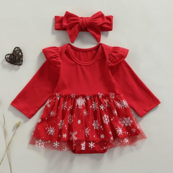 

girl's dresses 2021 baby christmas outfit snowflake mesh splicing long sleeve romper hairband for toddler girls 0-18 months, Red;yellow