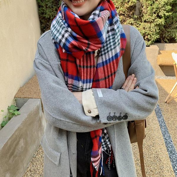 

scarves 2022 cashmere plaid red women winter thinken scarf adults warm small solid color christmas gift, Blue;gray
