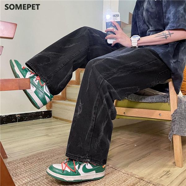 

men's jeans fashion wide leg pants baggy homme men denim trousers classic cargo pocket blue casual s-3xl