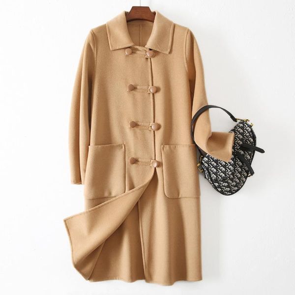 

women's wool & blends shuchan abrigos mujer invierno 2021 polyester long england style trench winter coat women elegant fall jacket for, Black