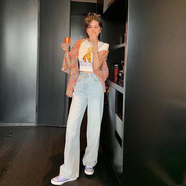 

net red high waist big loose double cut hole jeans women's spring pants 2021 straight tube wide leg & capris, Black;white