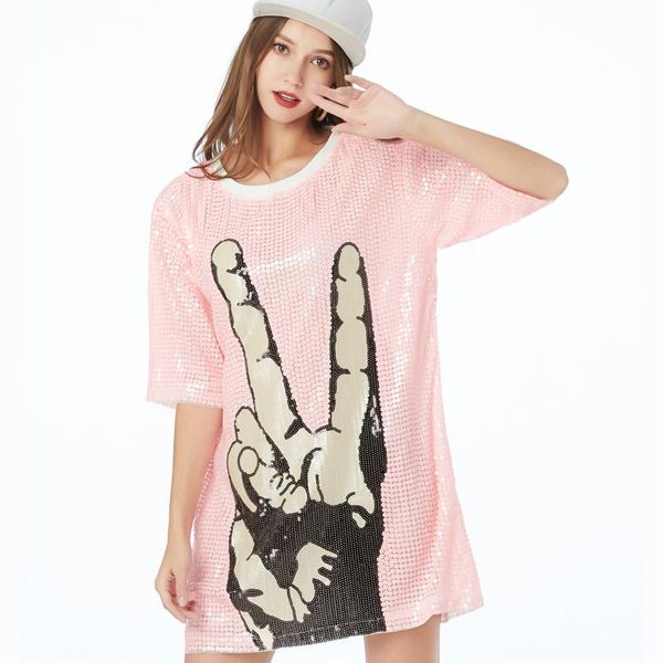 

women's t-shirt sparkle glitter sequin hip hop jazz dancing clubwear stage performance clothing loose print long tunic, White