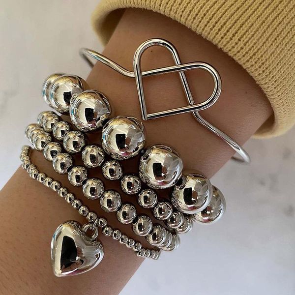 

link, chain 5 pcs/setÂ vintage bracelets peach heart pendant beaded silver color bracelet set birthday party charm jewelry girl bangle, Black