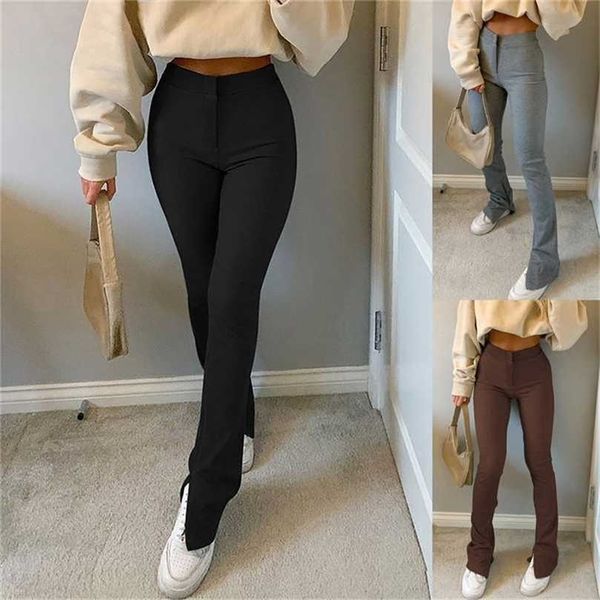 

30# leggings women casual solid slim-fit trousers slit fitness woman pants high-waisted skinny sweatpants 211218, Black