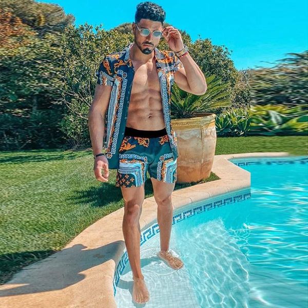 

men's tracksuits fashion hawaiian print shirt shorts two piece set matching sets daily beach clothes male european size -3xl, Gray