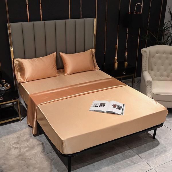 

bedding sets silk set solid color smooth bed sheet with pillowcase anti-crease  double bedclothes for home 4pcs fitted