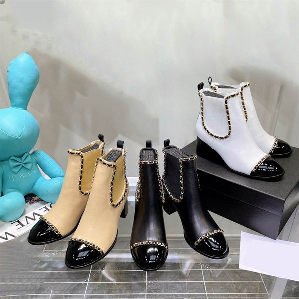 

womens genuine leather ankle boots autumn new chains pull-on designers boot chunky heel rounded toe chelsea booties ladies footwear shoes, Black