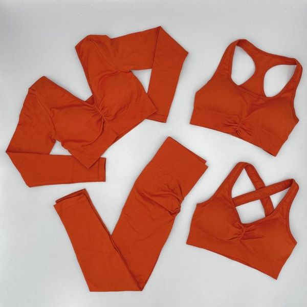 

yoga outfit women sports suit fitness seamless set workout shockproof bra long sleeve crop high waist leggings 4pc