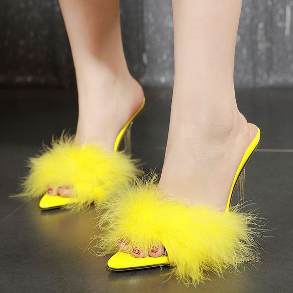 

slippers european and american-style women's pointed-toe furry low-cut nightclub fine with super high heels, Black