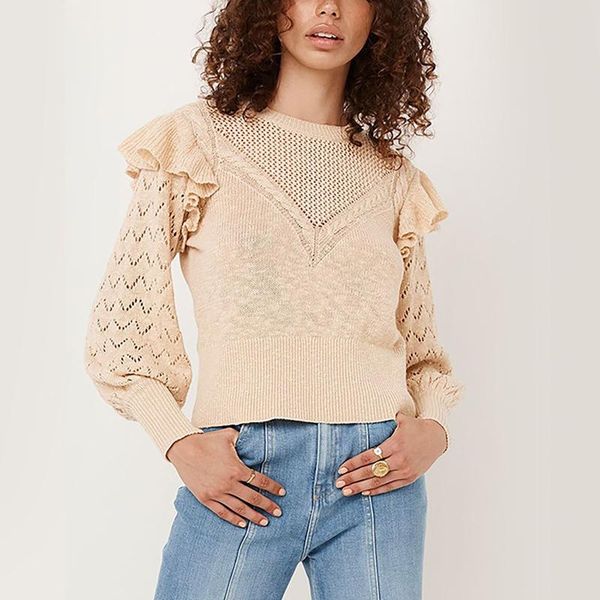 

women's sweaters 2021 womens solid color sweater hollow lantern sleeve ladies ruffle knitted pullover o neck sweatshirt pull femme, White;black