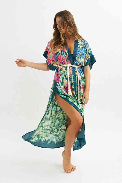 

women's swimwear bohemian print green beach cover up holiday split slim bikini outing summer long cardigan 2021 1bxc, White;black