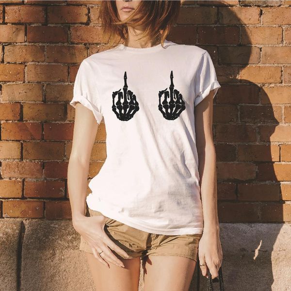 

skull middle finger print casual womens t shirts short sleeve o neck loose white summer tee