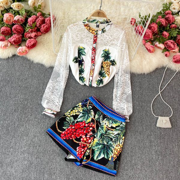 

women's tracksuits ladies temperament female lace long-sleeved sense printed wide-leg shorts two-piece 87w5, Gray
