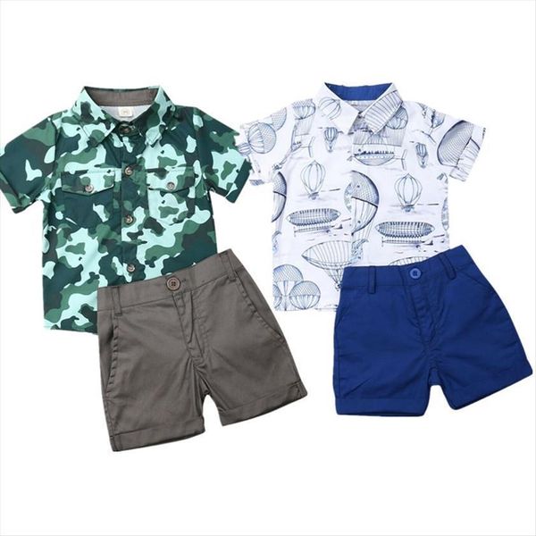 

1 6y newborn baby boys clothes sets cartoon print button t shirt pants shorts sunsuit, White
