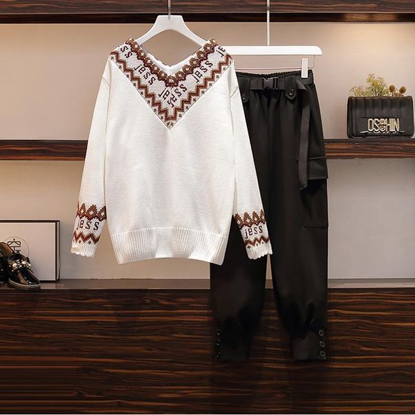 

women's two piece pants plus size suit women winter set v neck knit sweater and overalls large matching outfit female warm slim clothe, White