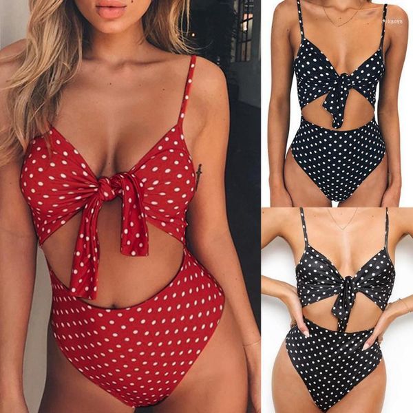 

womens summer beach bikini set ladies one piece holiday swimwear pool polka dot bow tie knot swimsuit bathing suit #m1, White;black