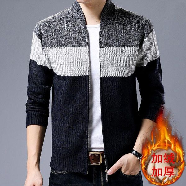 

men's sweaters 2021 sweater jackets coat autumn winter male zipper knitted standing collar cardigan warm striped knitwear, White;black