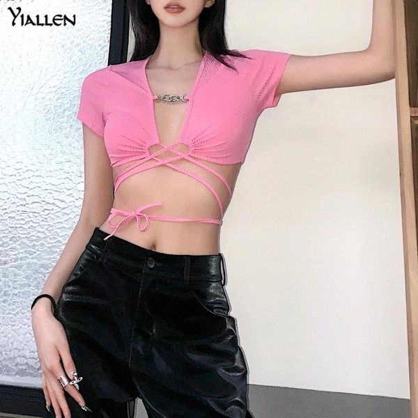 

yiallen deep v-neck y2k solid simple slim ribbed t-shirt woman summer fashion bandage street basic soft femme 2021 women's, White