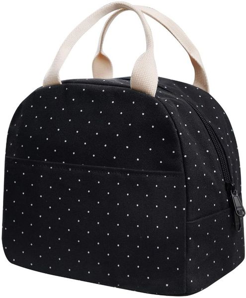 

upgraded compact black lunch bag for girls women,canvas polka dot tote box work school storage bags