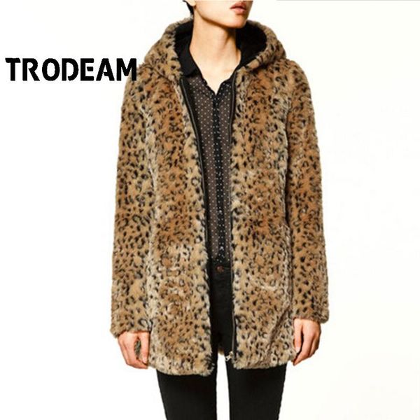 

women's fur & faux trodeam coats woman winter 2021 thickened imitation leopard print hooded coat and furry long overcoat, Black