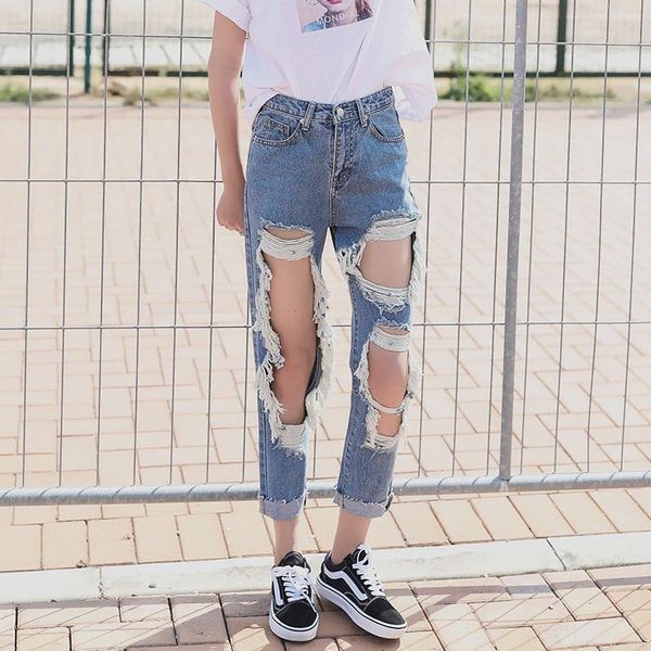 

women's jeans ripped for women straight baggy vintage high waist boyfriends mom denim distressed streetwear 2021 female blue