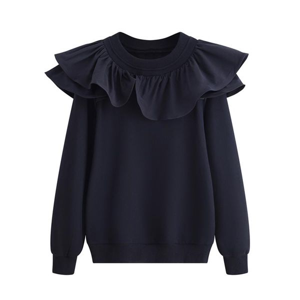

women's hoodies & sweatshirts [ewq] korea chic ruffle stitching round neck pullover loose black sweatshirt 2021 autumn female fashion 1