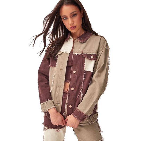 

women's jackets spring autumn vintage patchwork denim women fashion lapel single breasted coats black and brown casual loose outwears, Black;brown