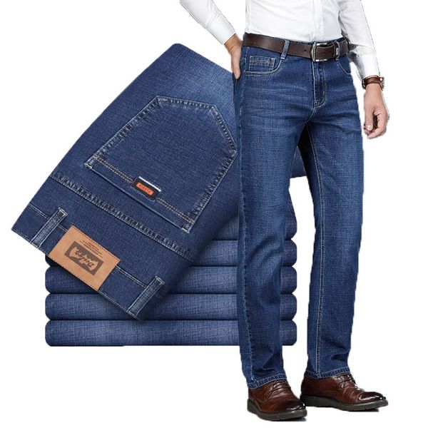 

men's jeans 2021 regular-fit stretch business casual fall/winter denim trousers black blue brand clothing