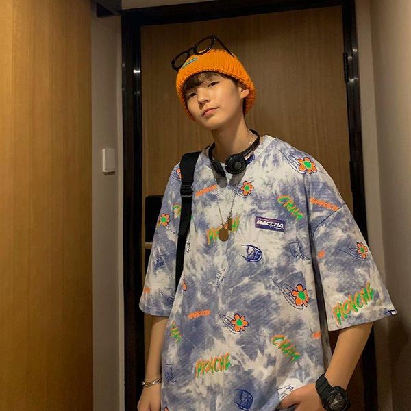 

men's t-shirts guochaogao street short sleeve t-shirt fashion brand 2021 summer graffiti printing trend milk silk, White;black