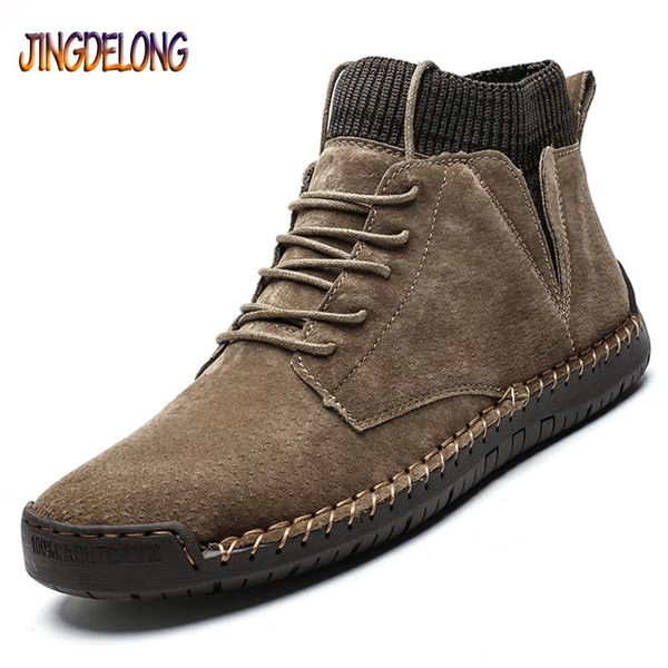 

boots brand men's snow winter plush warm mens ankle handwork suede motorcycle waterproof autumn man work shoes, Black