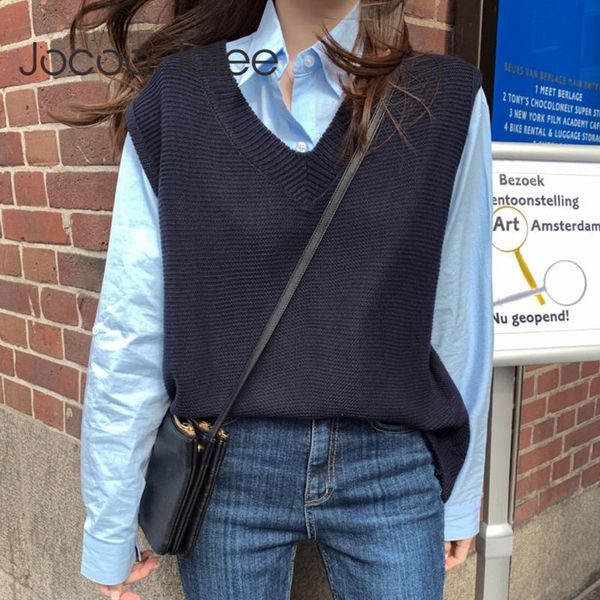 

women's vests jocoo jolee women knitted sweater vest casual sleeve v neck loose korean harajuku solid pullovers plus size jackets, Black;white