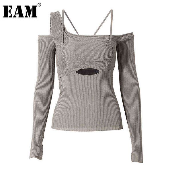 

[eam] hollow out gray knitting sweater loose fit slash neck long sleeve women pullovers new fashion autumn winter 2021 1dd2267 y1110, White;black