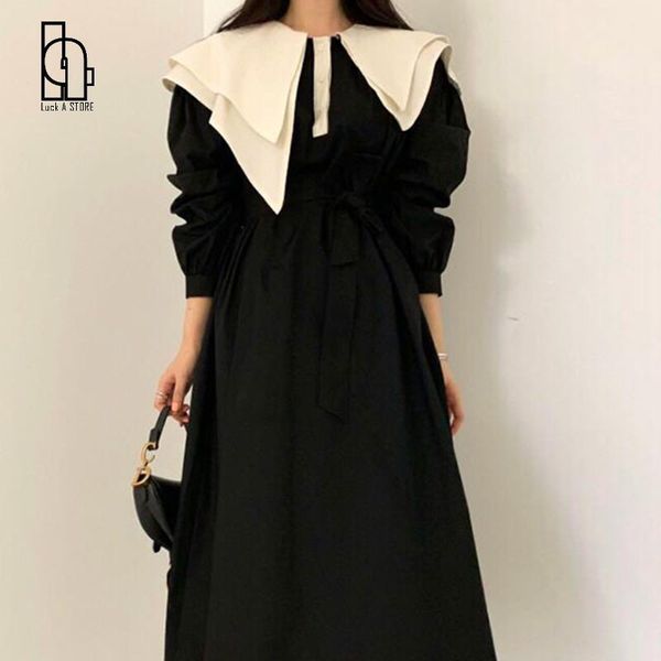 

casual dresses lantern long sleeve dress woman 2021 autumn fashionable waist irregular lapel ruffles loose black jurk, Black;gray