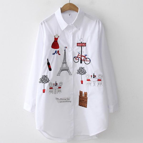 

women long sleeve white blouse lady embroidery button cotton female turn down collar casual shirt women's blouses & shirts
