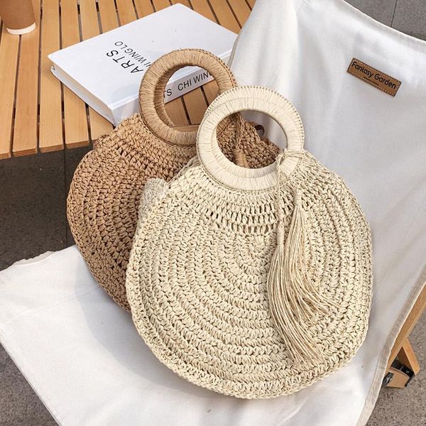 

evening bags tassel round handle hand-woven women's shoulder handbag bohemian 2021 summer straw beach tote bag travel weaving