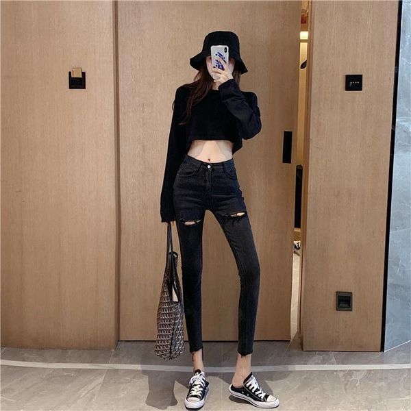 

women's jeans 3456 women 2021 korean version of personality ripped high waist all-match stretch, Blue