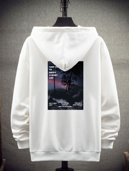 

men 1pc slogan & palm tree kangaroo pocket drawstring detail hoodie x8kx#, Black